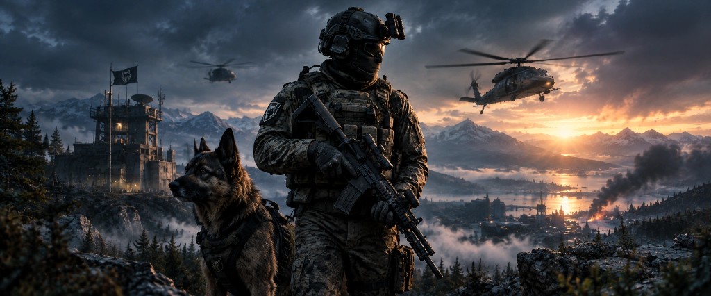 Camouflaged soldier with a rifle standing beside a dog, helicopters over a mountain valley at sunset.